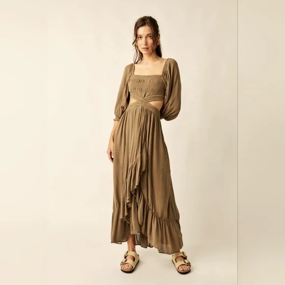 Free People-NWOT Cross My Heart Taupe balloon sleeve maxi dress - Picture 8 of 8